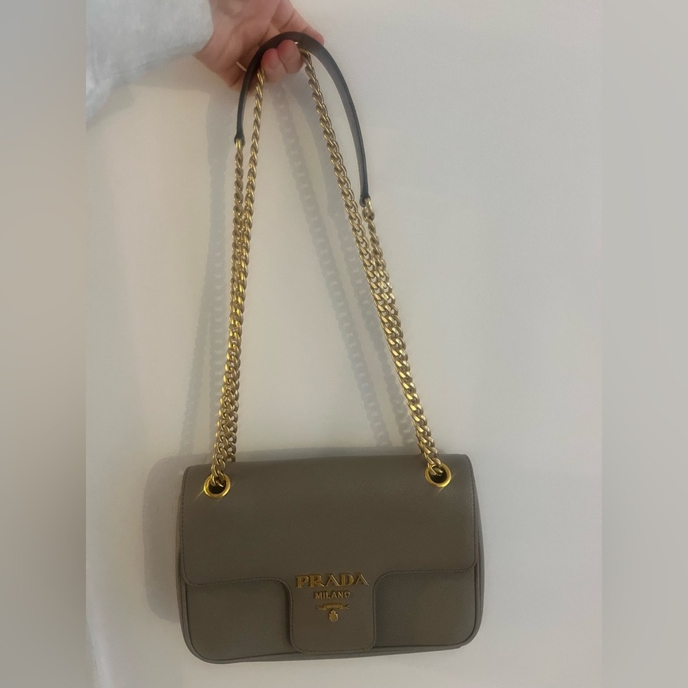 Prada Taupe Saffiano Leather Shoulder Bag with Gold Chain